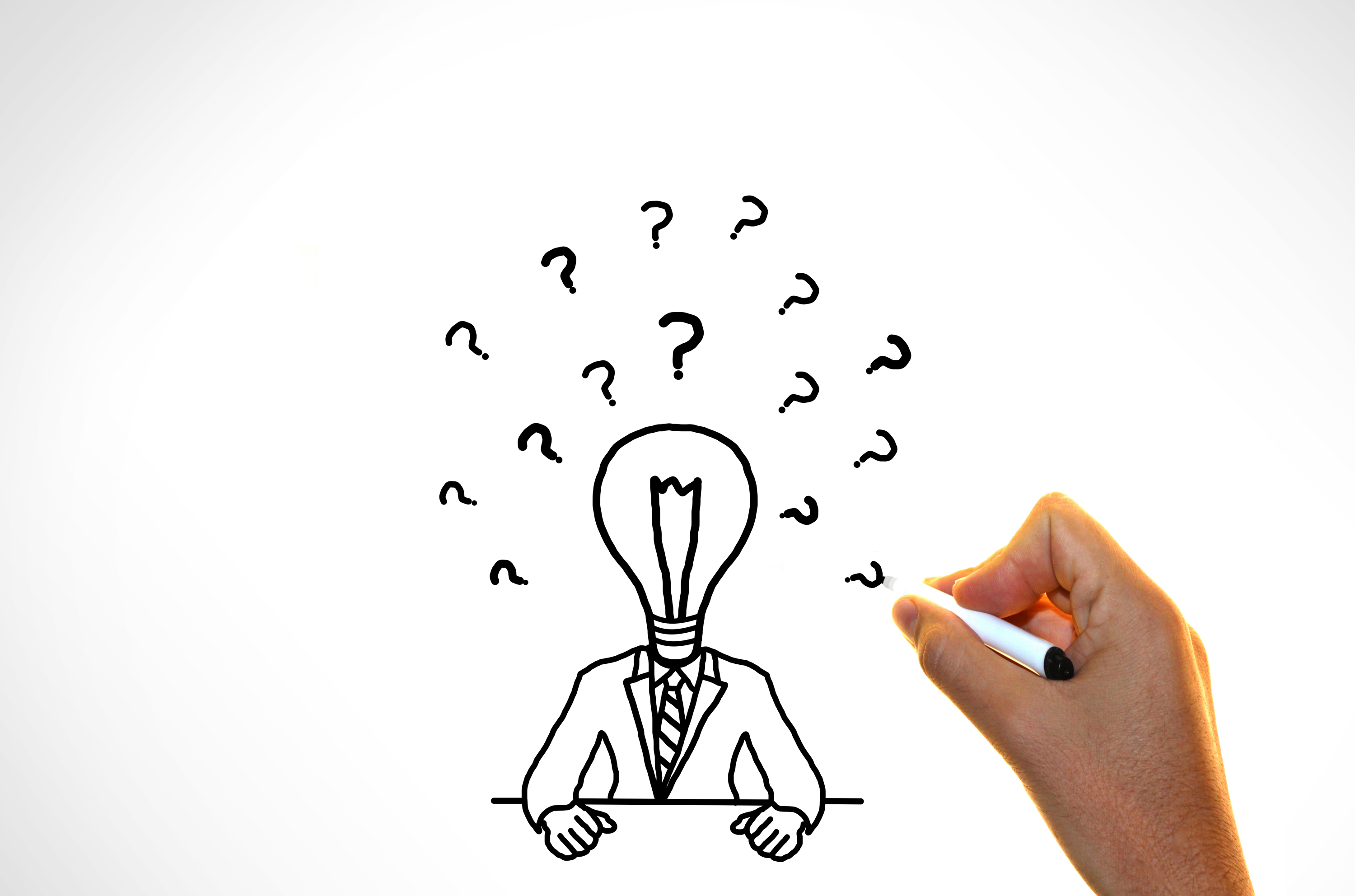 Doubts and ideas concept - Drawing a lightbulb-headed businessman with hovering questions marks